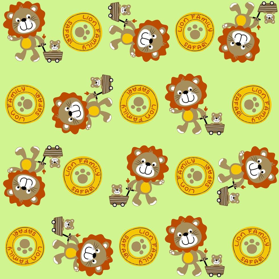 Vector cartoon seamless pattern of cute lion family with footpath logo