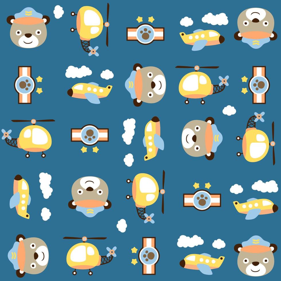 Vector cartoon seamless pattern of air transportation elements with cute bear smile face