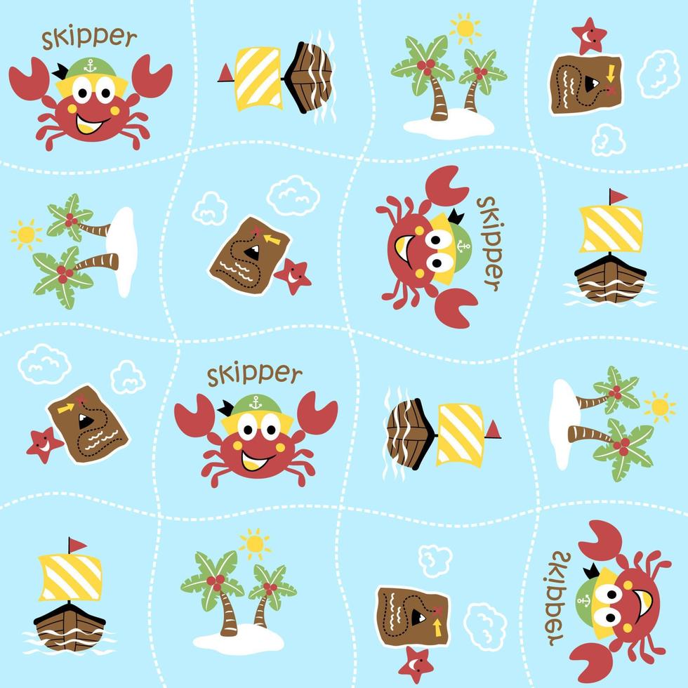 vector cartoon seamless pattern of cute  funny crab with nautical elements