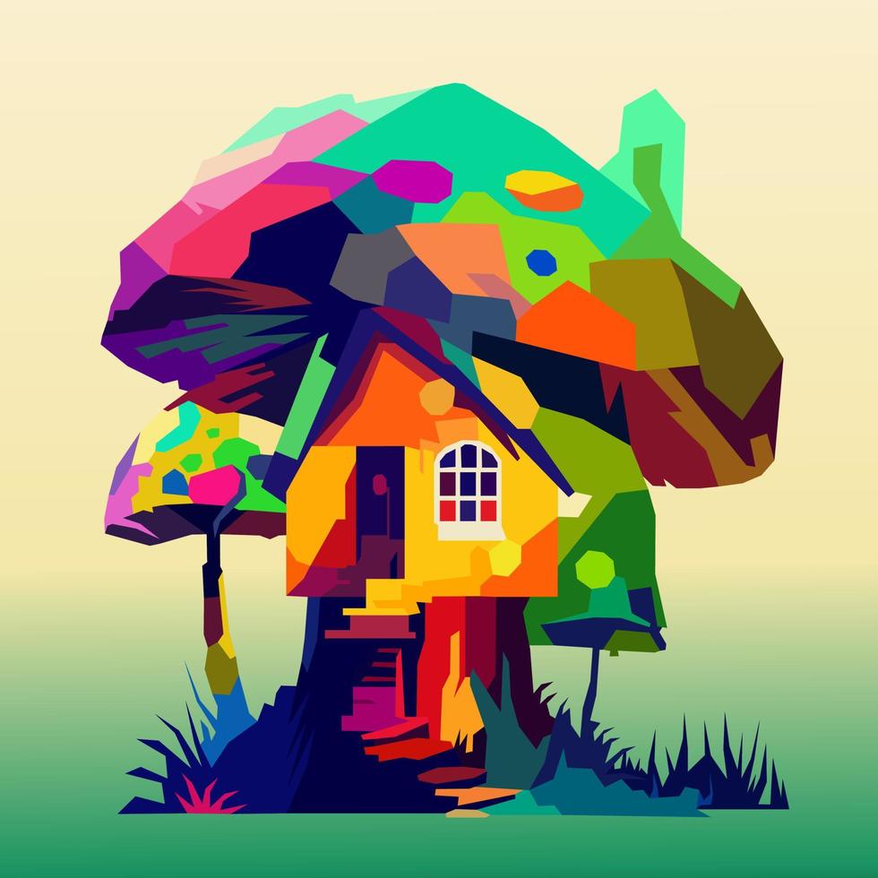 Mushroom house drawn using WPAP art style, pop art, vector illustration.