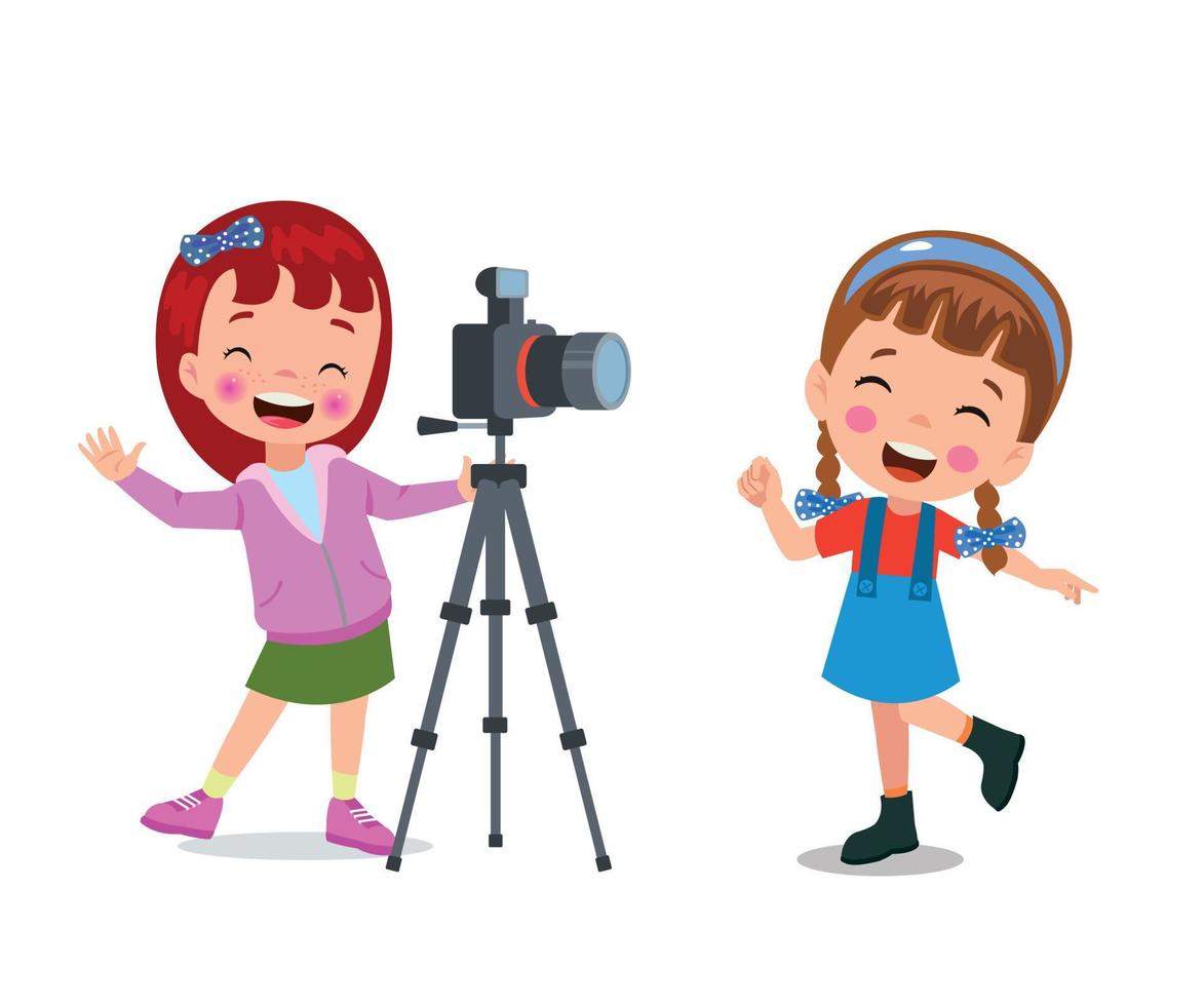 linda Niños tomando foto utilizando teléfono inteligente y cámara dibujos animados vector ilustración