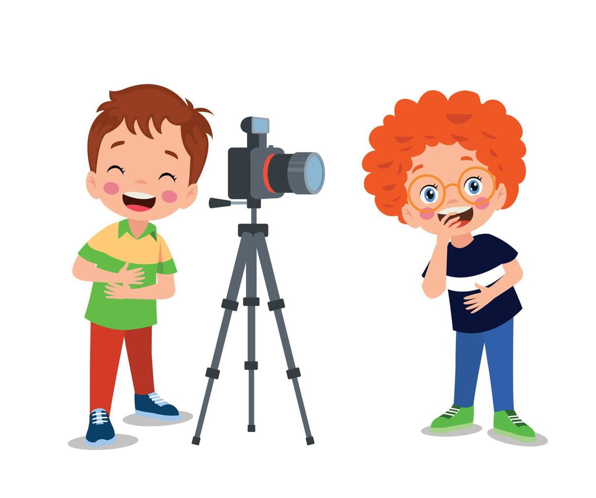 Cute boys taking photo using smartphone and camera cartoon vector illustration