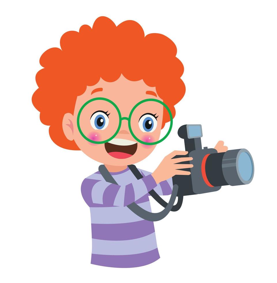 linda Niños tomando foto utilizando teléfono inteligente y cámara dibujos animados vector ilustración