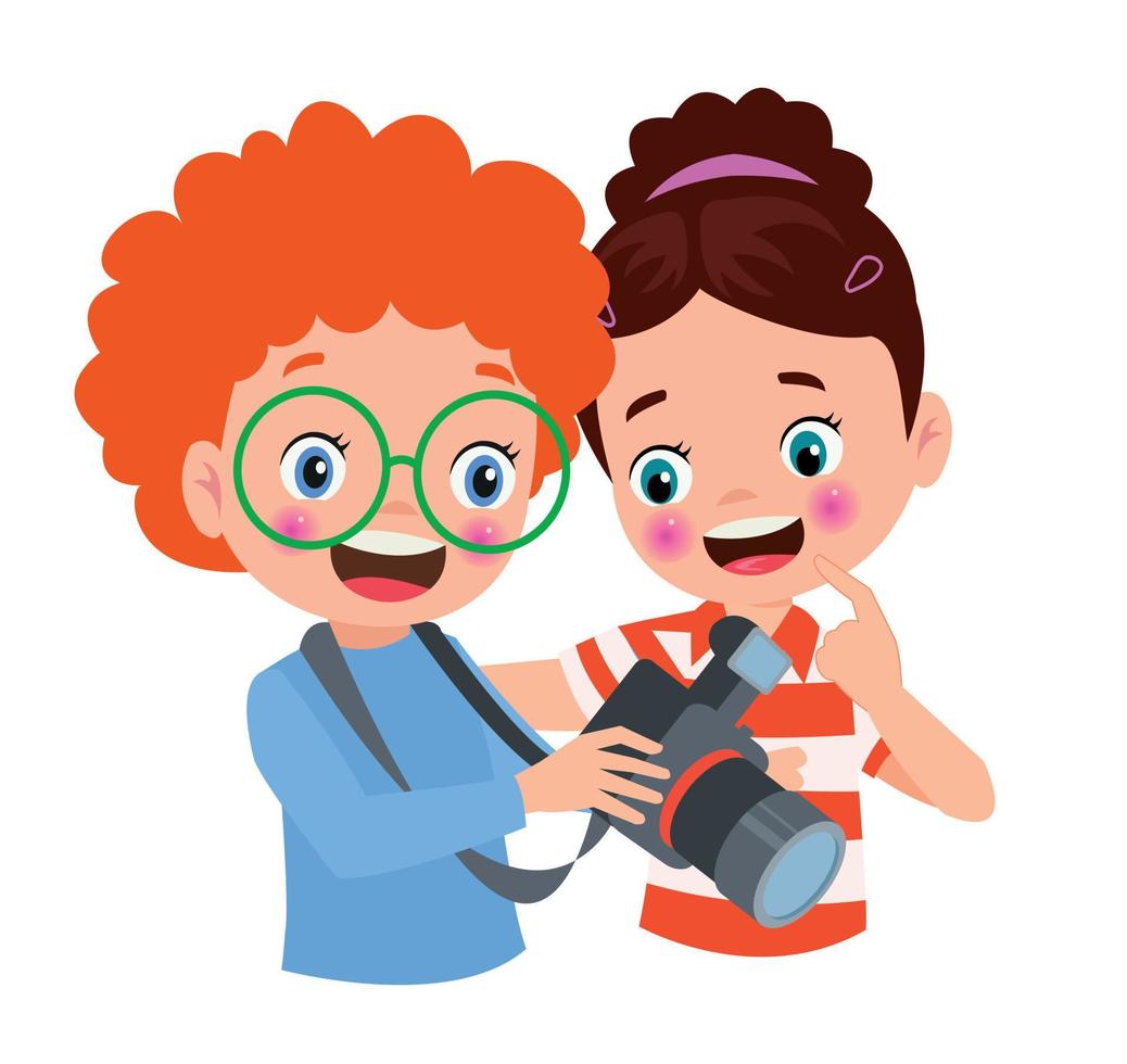 linda Niños tomando foto utilizando teléfono inteligente y cámara dibujos animados vector ilustración