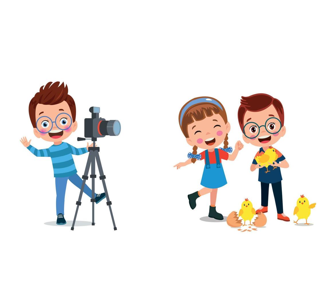 linda Niños tomando foto utilizando teléfono inteligente y cámara dibujos animados vector ilustración