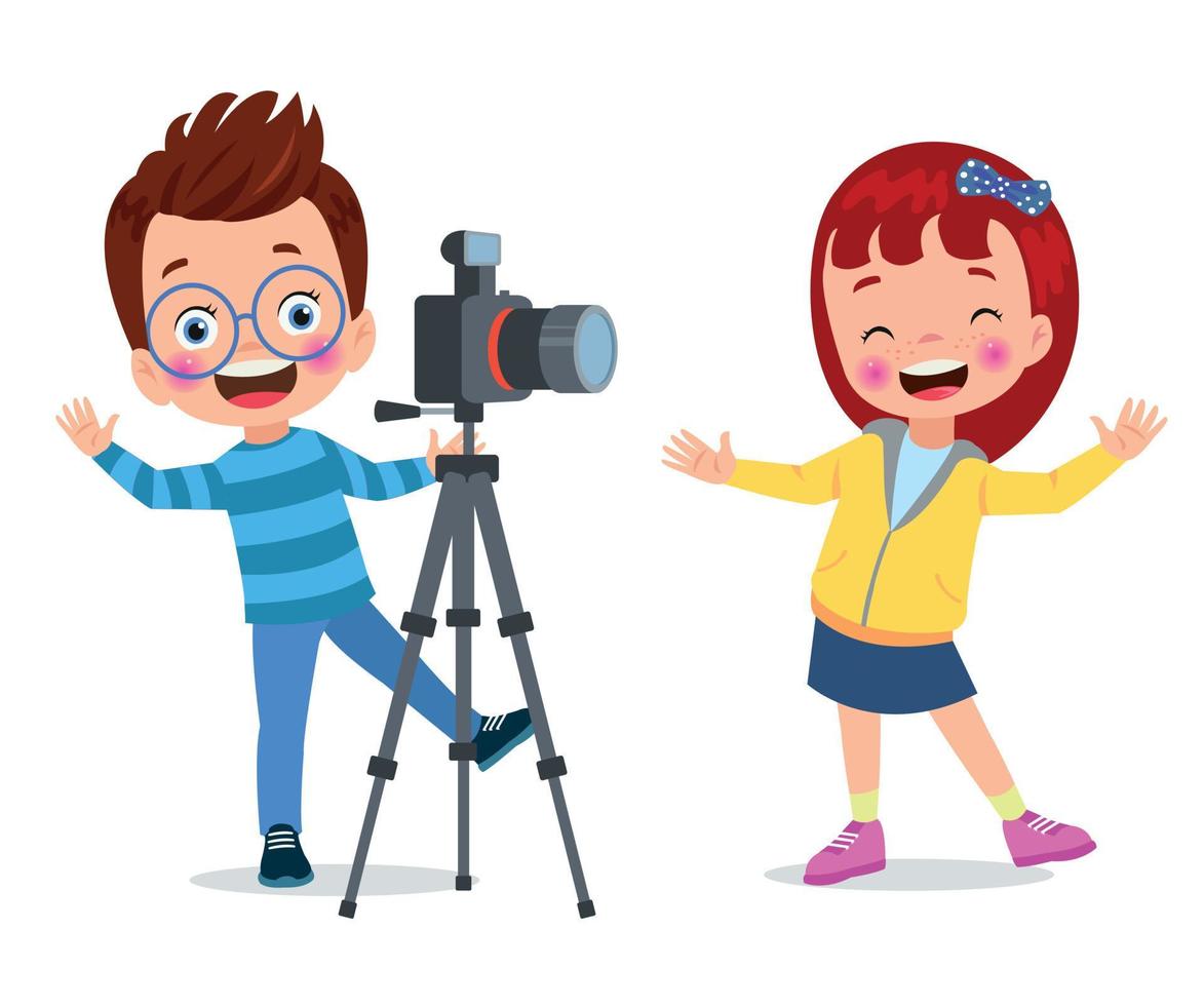 Cute boys taking photo using smartphone and camera cartoon vector illustration