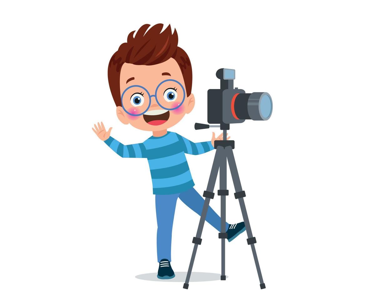 Cute boys taking photo using smartphone and camera cartoon vector illustration