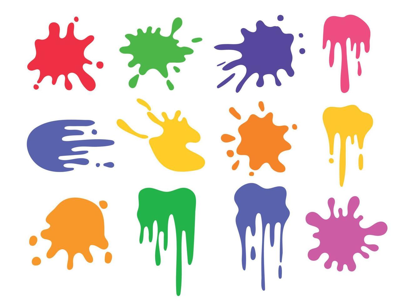 Flat collection of vector illustrations of colorful ink blots.Various splashes and drops, cartoon splashes. Collection of ink stained paints.