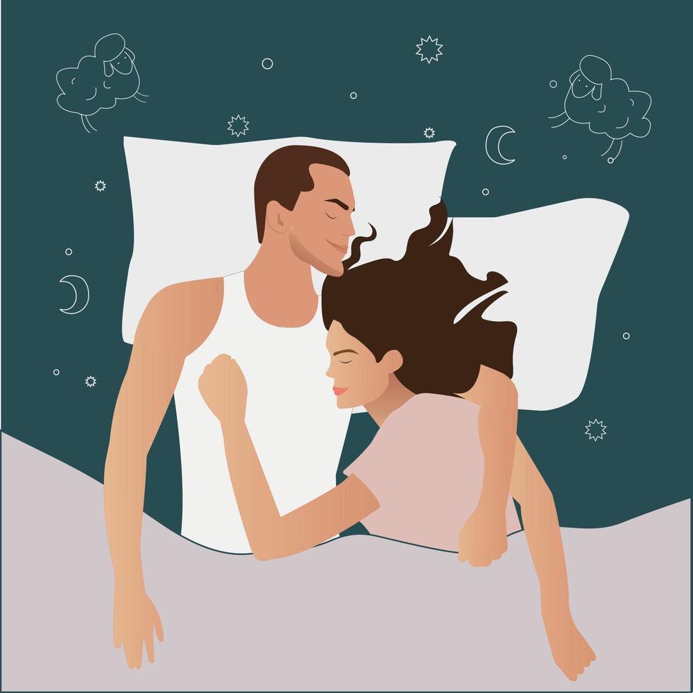 Cute sweet young couple lying in bed and cuddling. Sleep. Night. Characters guy and girl sleeping in bed. Illustration in vector style. Light and soft shades.