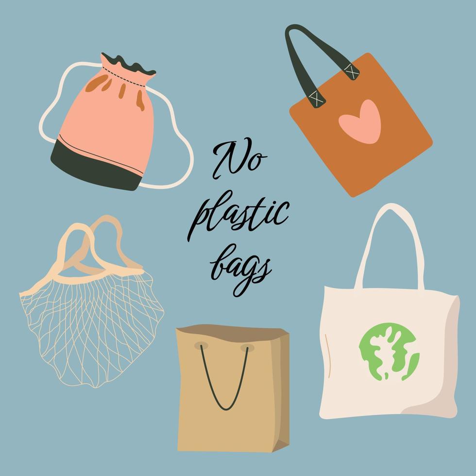 Set of reusable shopping bags. Cute zero waste elements. Take care of the environment, no plastic, save the planet. Hand drawn eco life illustration. Flat vector illustration.