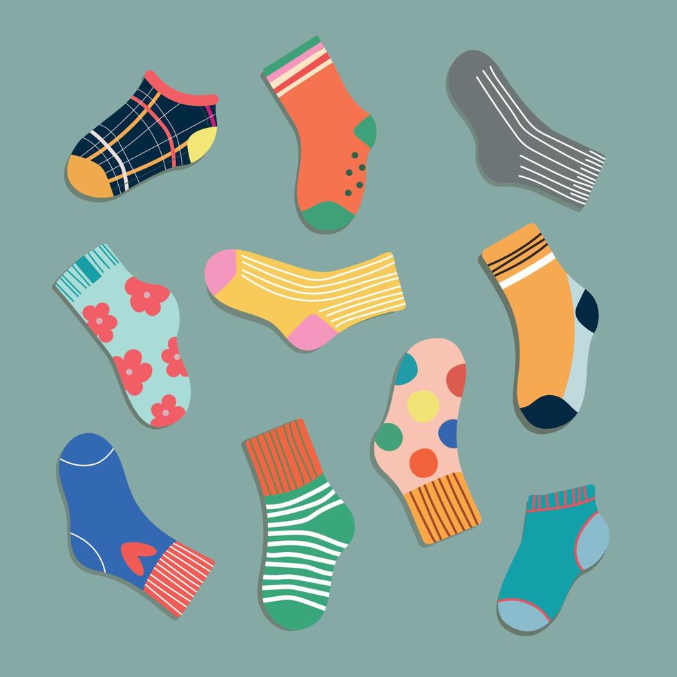 Set of trendy colorful socks. Modern socks in different colours top down view. Cartoony design for web and print. vector