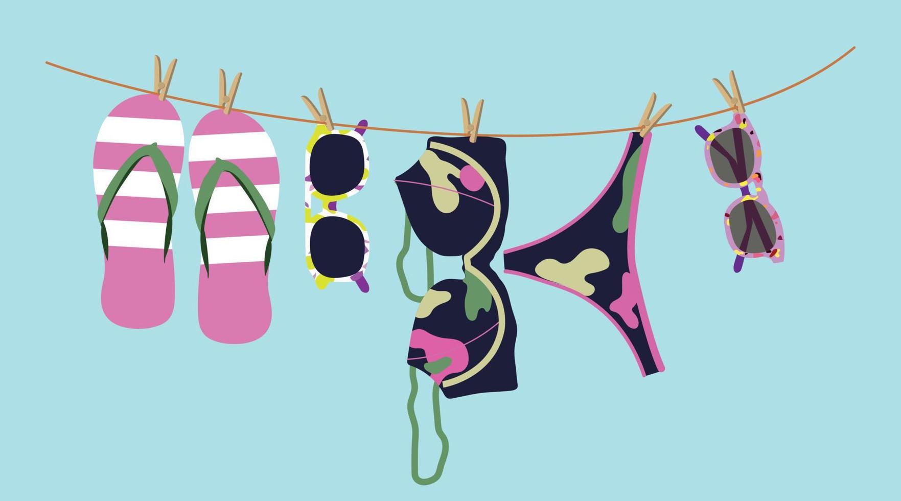Summer vacation, striped flip flops, swimsuit and sunglasses hanging on a rope. Vector illustration
