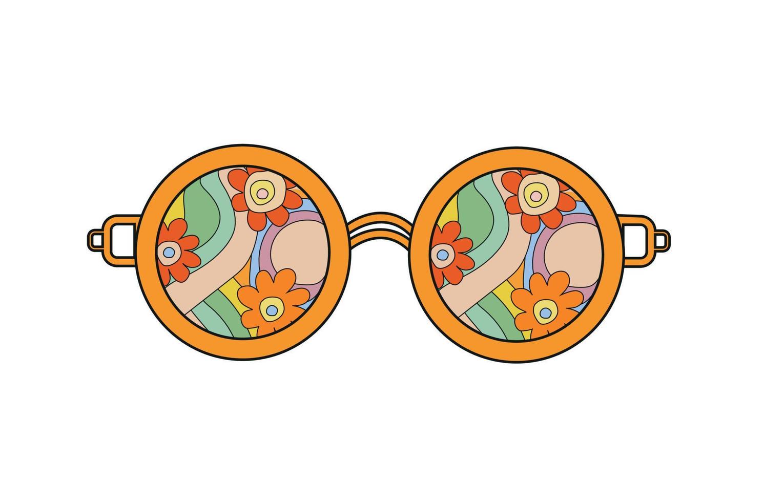 elegante Gafas de sol con decorativo elementos. años 70, Años 80 estilo pegatina.vector ilustración de retro psicodélico lentes. Clásico nostalgia elemento para tarjeta postal, póster diseño y impresión vector