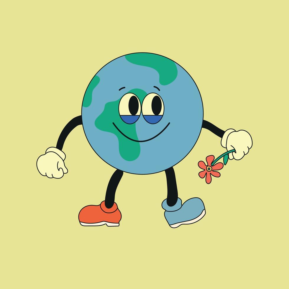 Cute planet earth character. Cute earth globe with emotions, face, arms, legs in shoes. Cartoon style. Hand drawn fashion vector illustration. World earth day, nature care concept