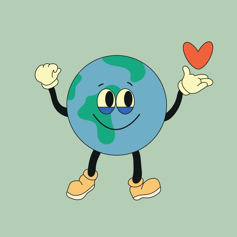 Cute planet earth character. Cute earth globe with emotions, face, arms, legs in shoes. Cartoon style. Hand drawn fashion vector illustration. World earth day, nature care concept