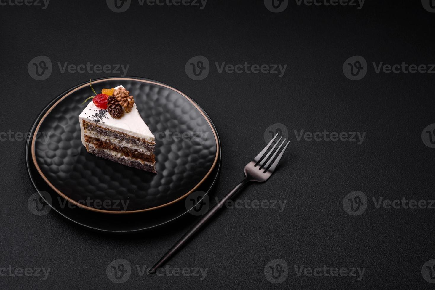 Delicious beautiful piece of cake with cream and berries photo
