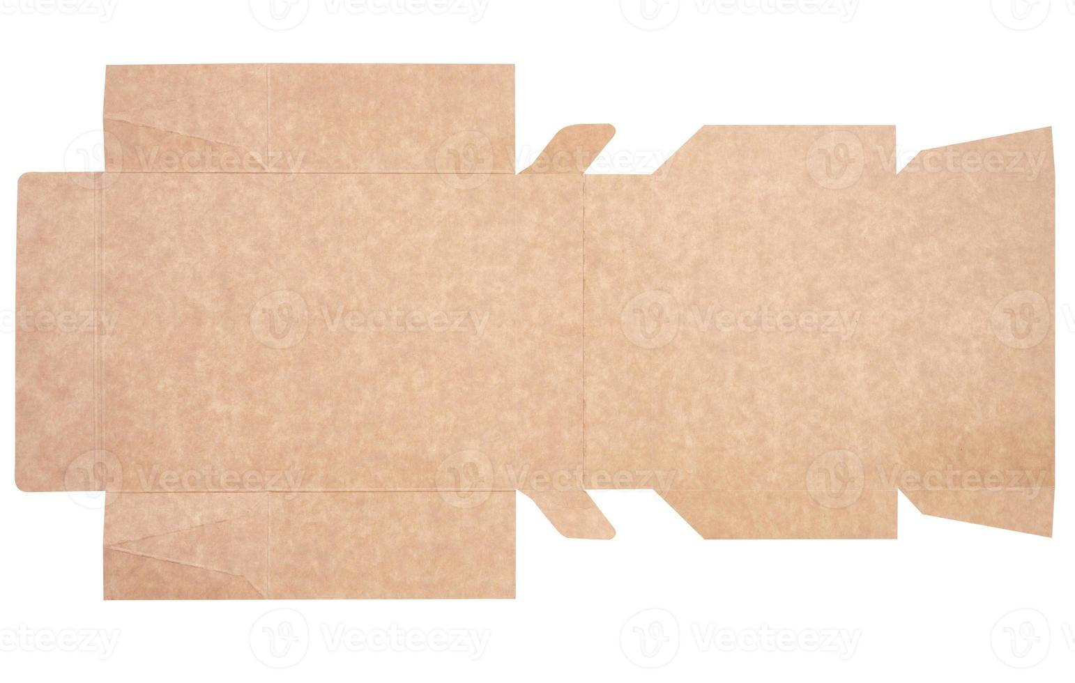 A brown cardboard box in an unfolded state on a white isolated background, food packaging, merchandise, top view photo