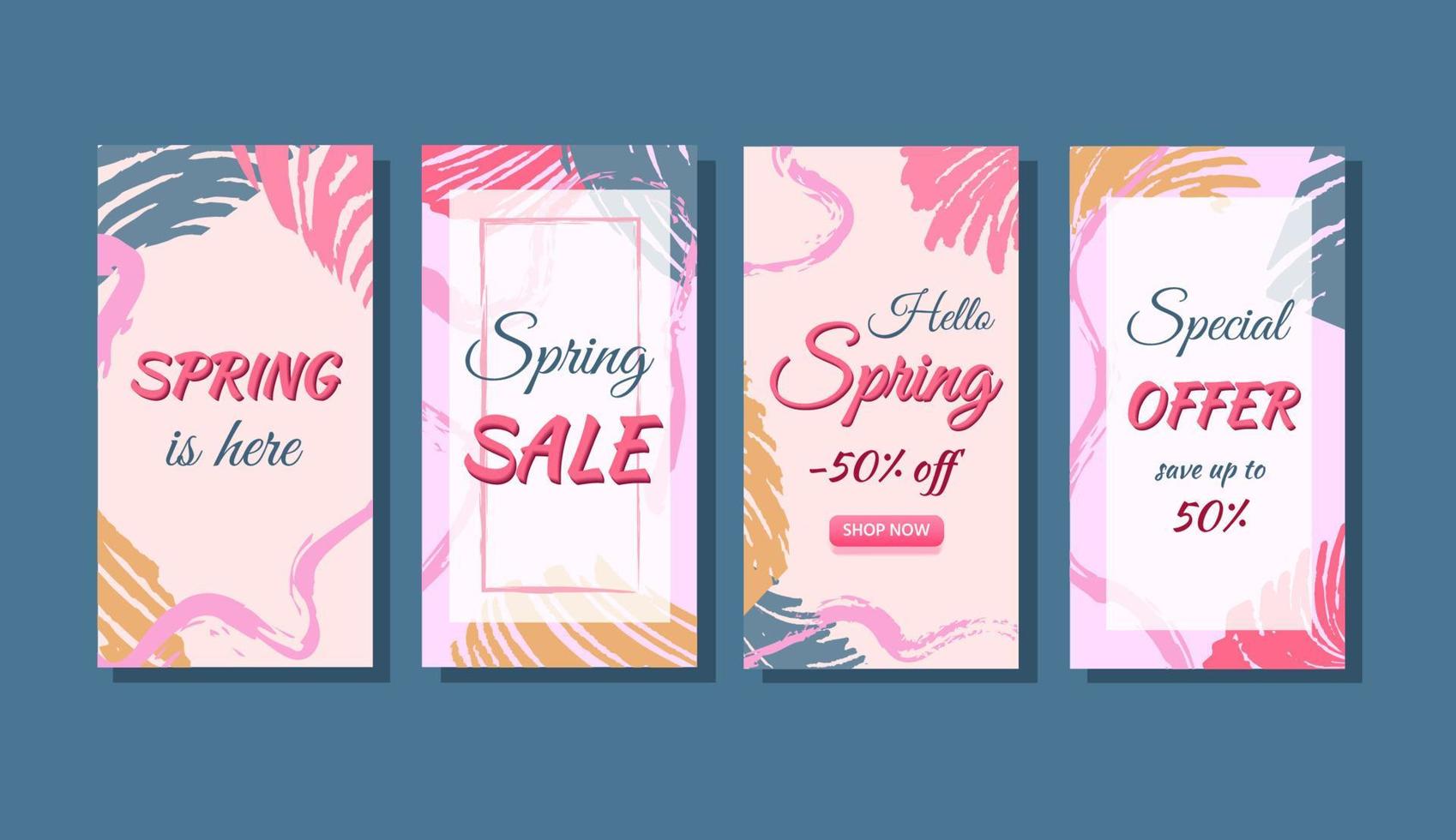 Seasonal spring sale posters, labels, website button. Four vertical banners in bold color scheme with marker and paint strokes, in unified style. Creative contemporary clip art for various prints vector
