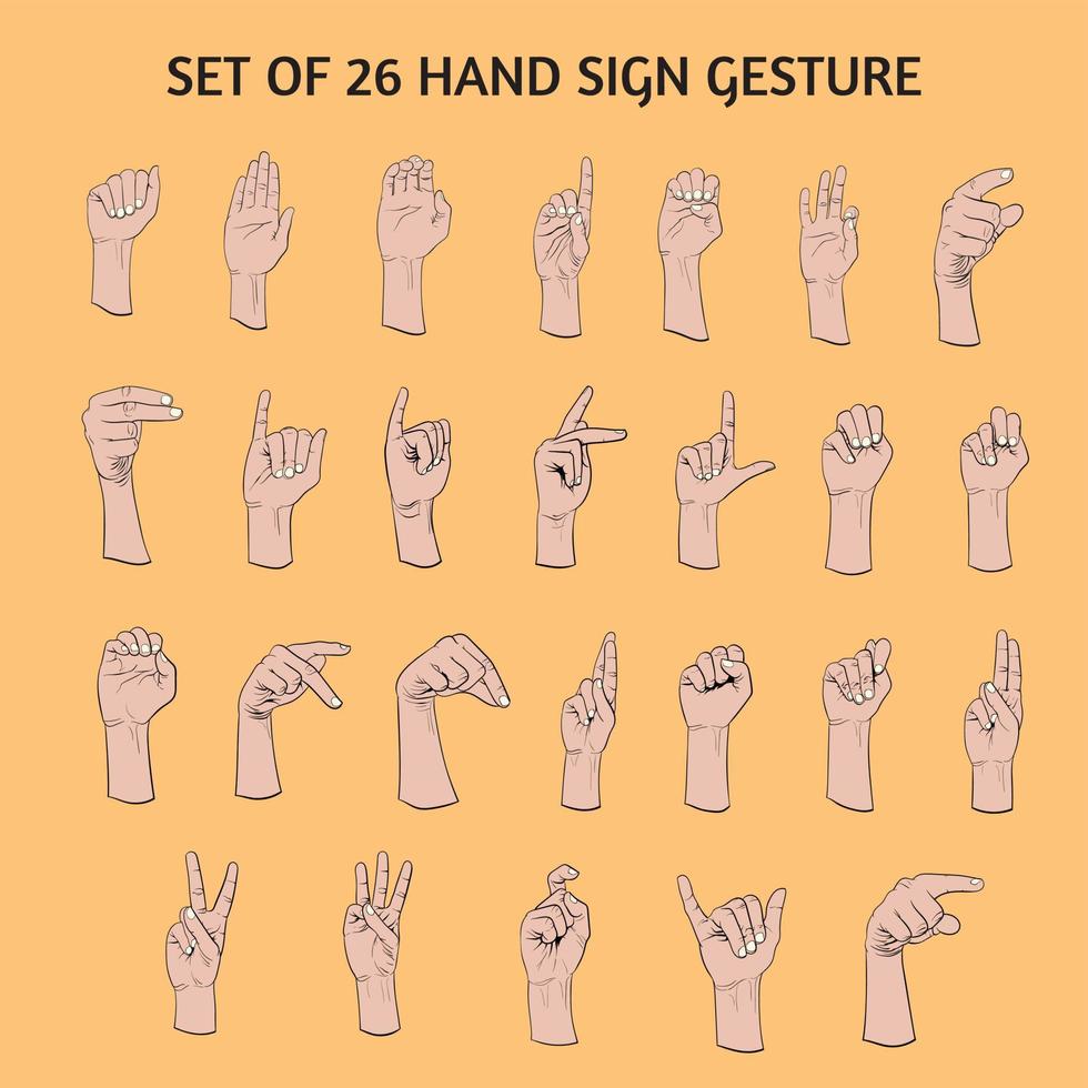 set of 26 hand sign gestures, deaf language and alphabetic symbols vector