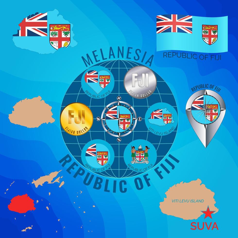 Set of vector illustrations of flag, contour map, money, icons of Fiji Island. Travel concept.