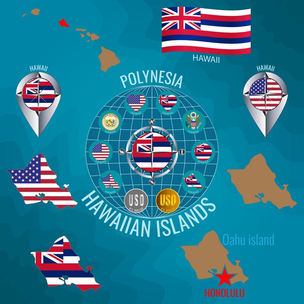 Set of vector illustrations of flag, outline map, money, icons of Hawaii. Travel concept.