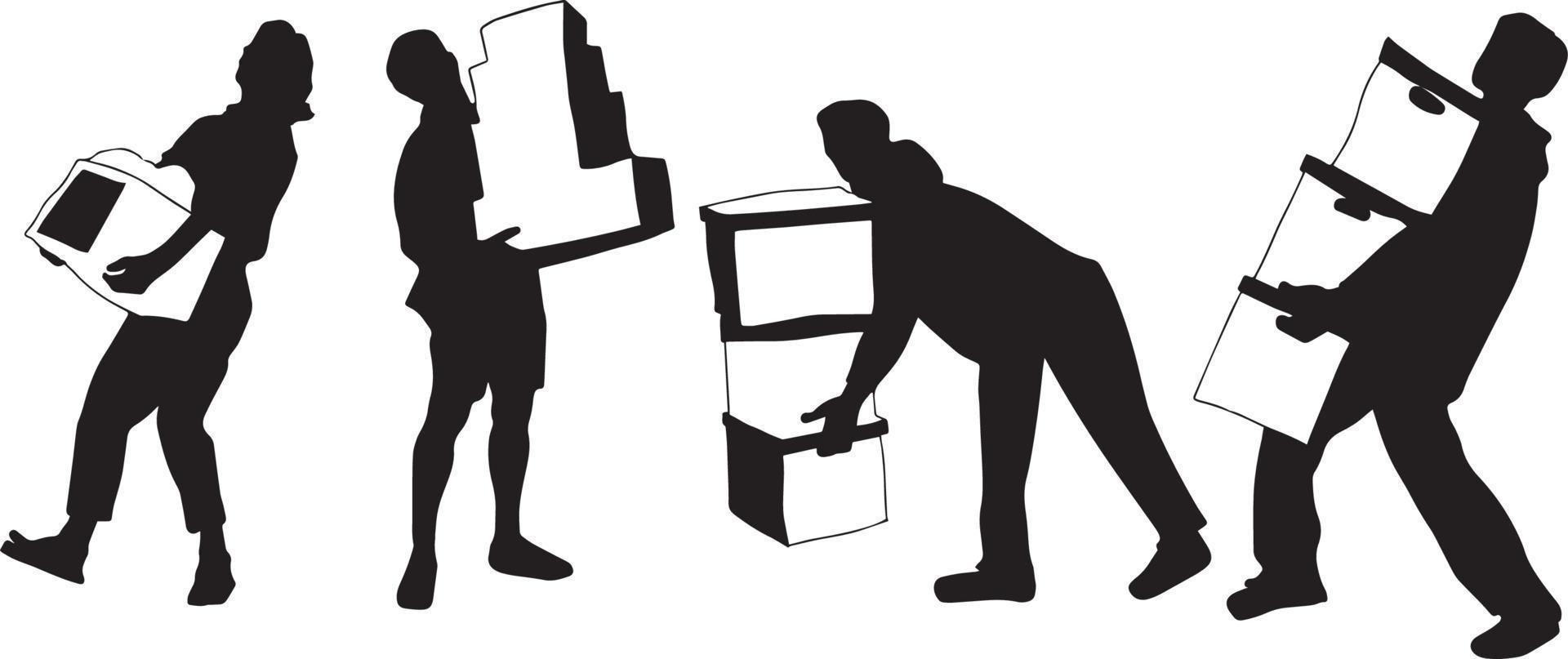 Silhouettes of people carrying cardboard boxes vector