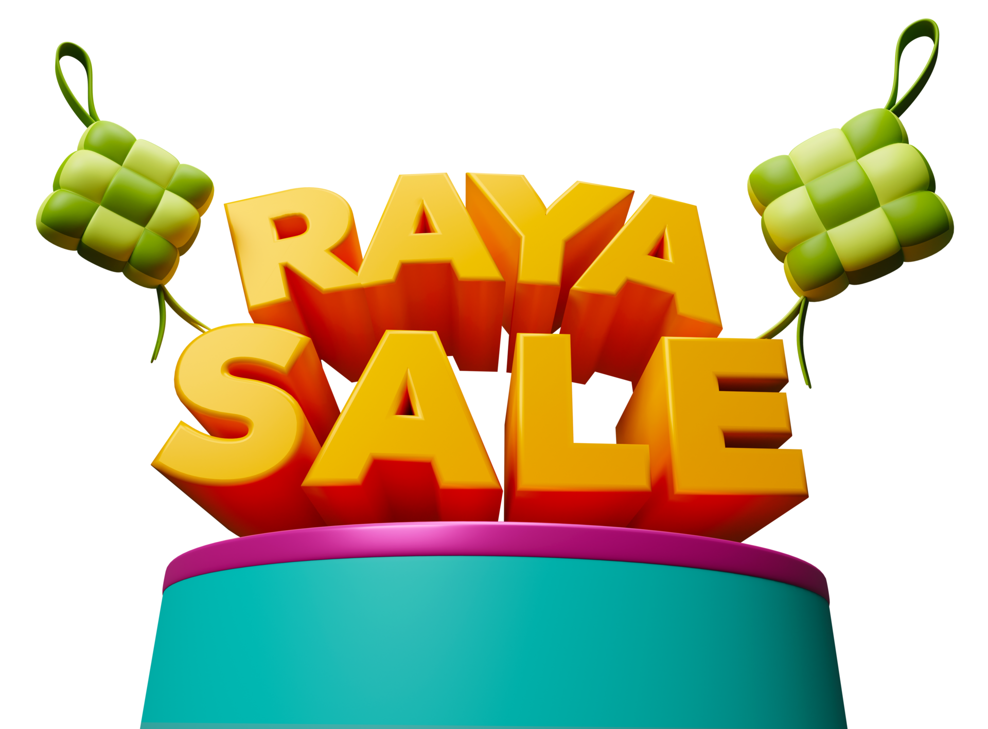 Raya sale sign with 2 ketupat icon floating on podium pedestal for