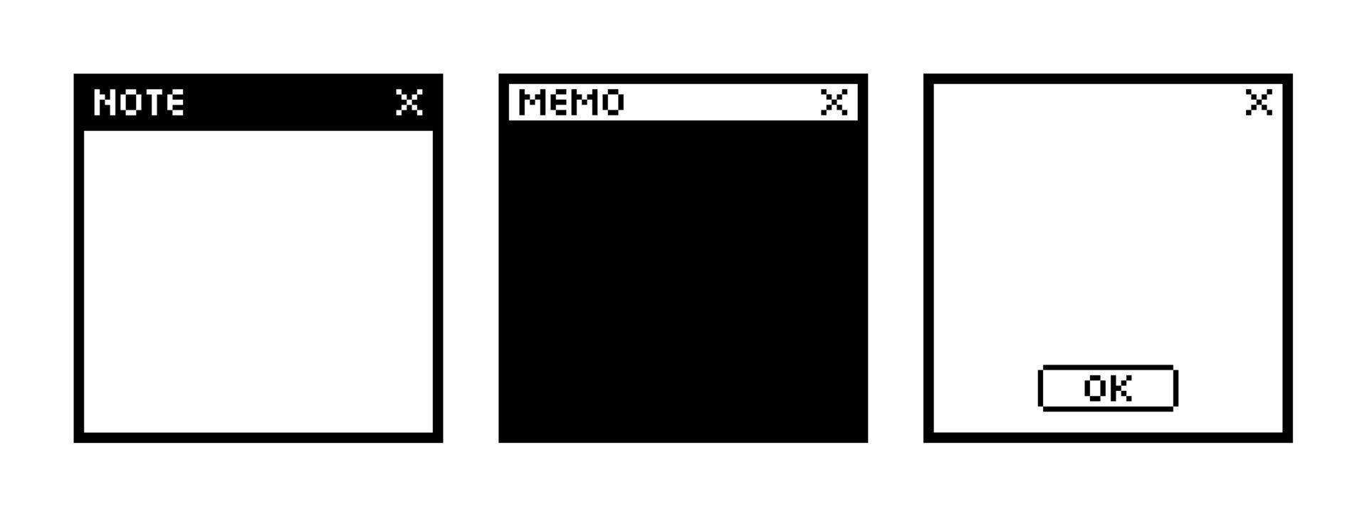 conjunto de negro y blanco web navegador ventana bloc vector ilustración en píxel Arte estilo. vacío popular arriba. modelo papel para pegatina nota, memorándum. aislado en blanco.