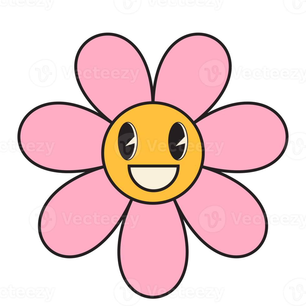 Groovy flower cartoon characters. Funny happy daisy with eyes and smile