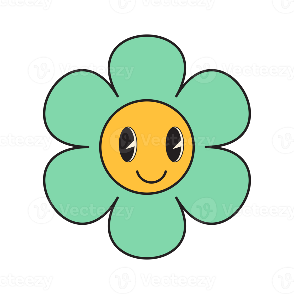 Groovy flower cartoon characters. Funny happy daisy with eyes and smile. png