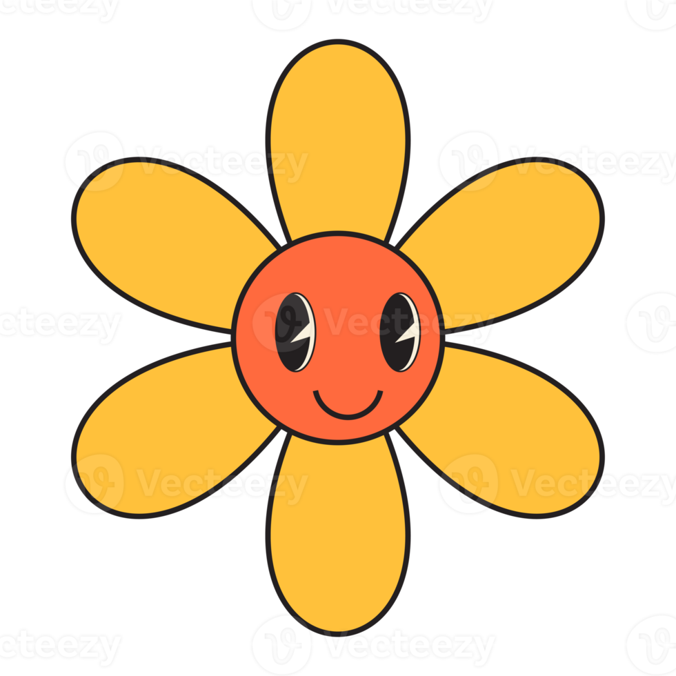 Groovy flower cartoon characters. Funny happy daisy with eyes and smile. png