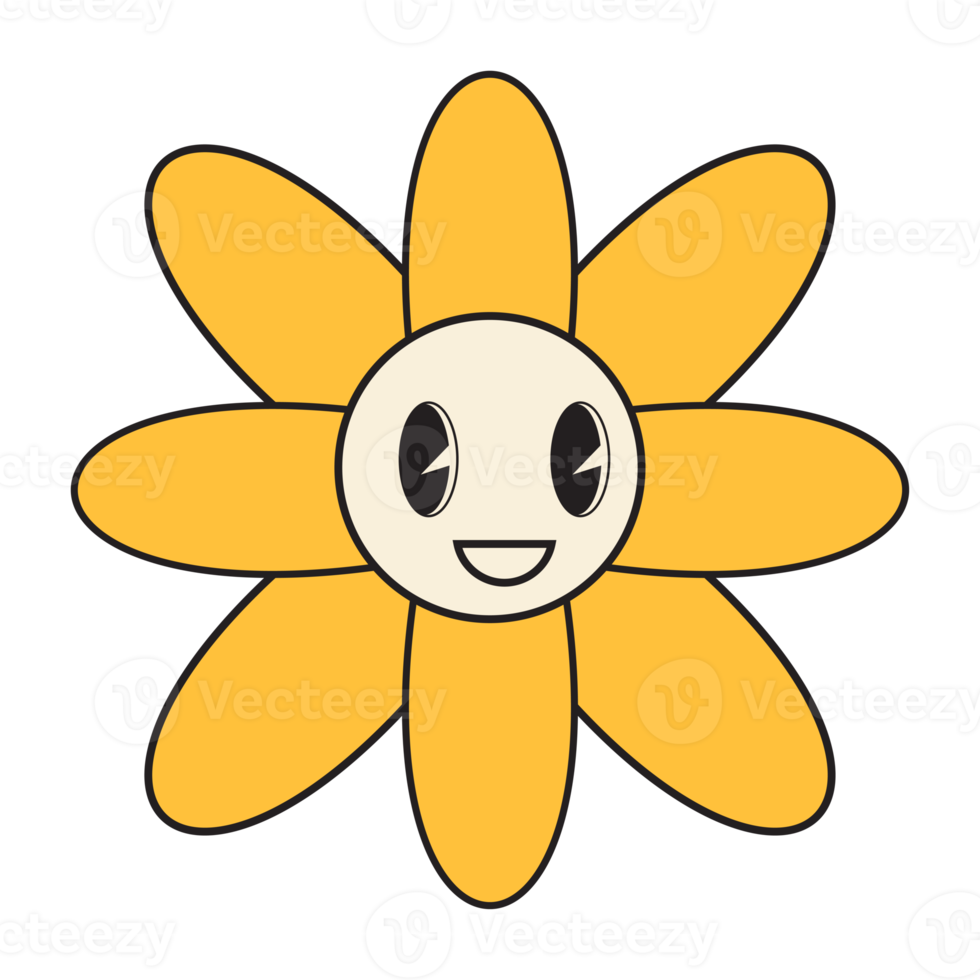Groovy flower cartoon characters. Funny happy daisy with eyes and smile. png