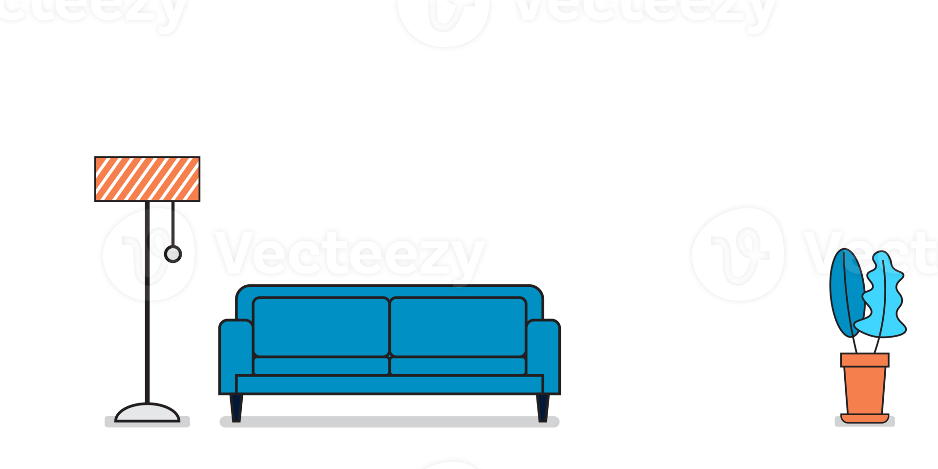 Modern sofa with a lamp and plant, cute interior in flat style png