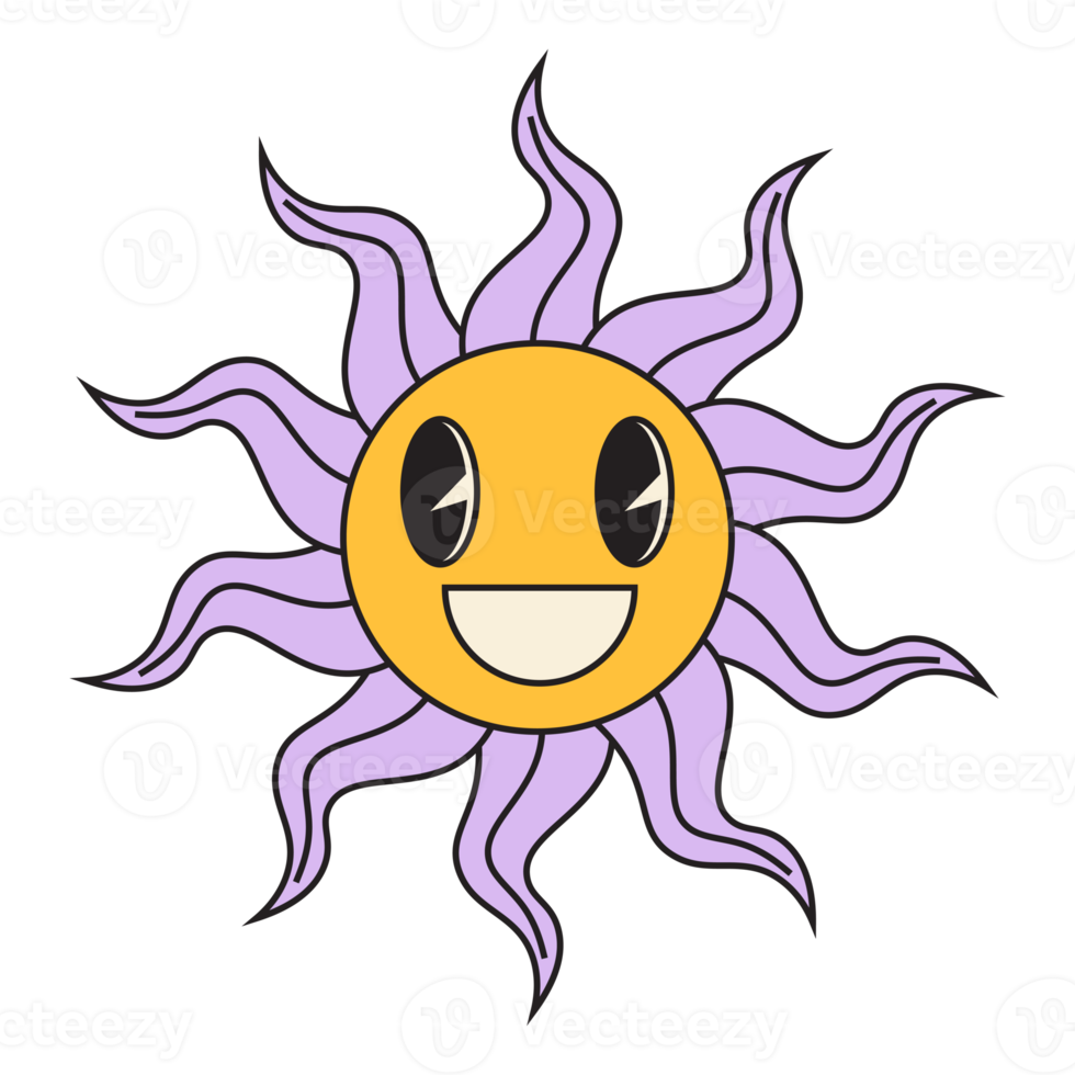 Groovy sun cartoon characters. Funny happy sun with eyes and smile. png