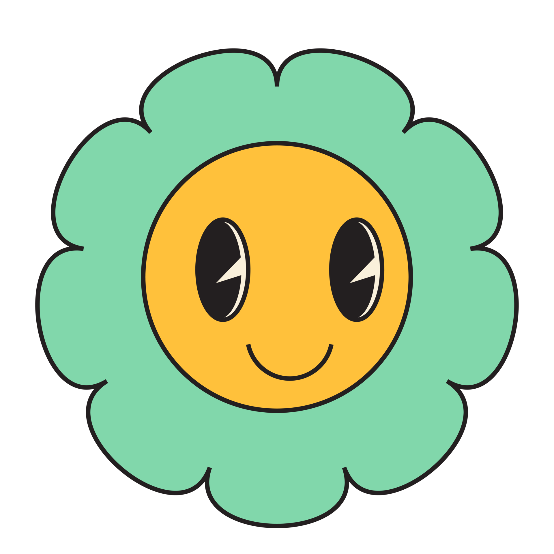 Groovy flower cartoon characters. Funny happy daisy with eyes and smile