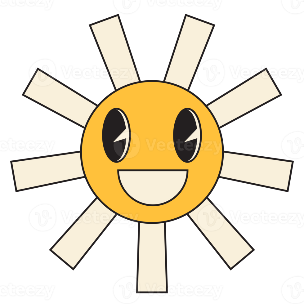 Groovy sun cartoon characters. Funny happy sun with eyes and smile. png