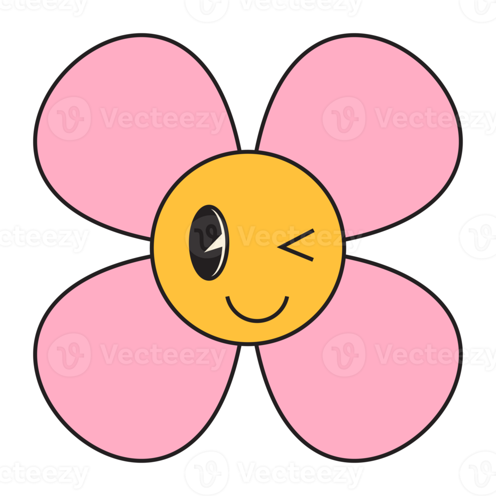 Groovy flower cartoon characters. Funny happy daisy with eyes and smile. png