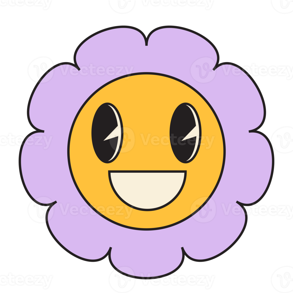 Groovy flower cartoon characters. Funny happy daisy with eyes and smile. png