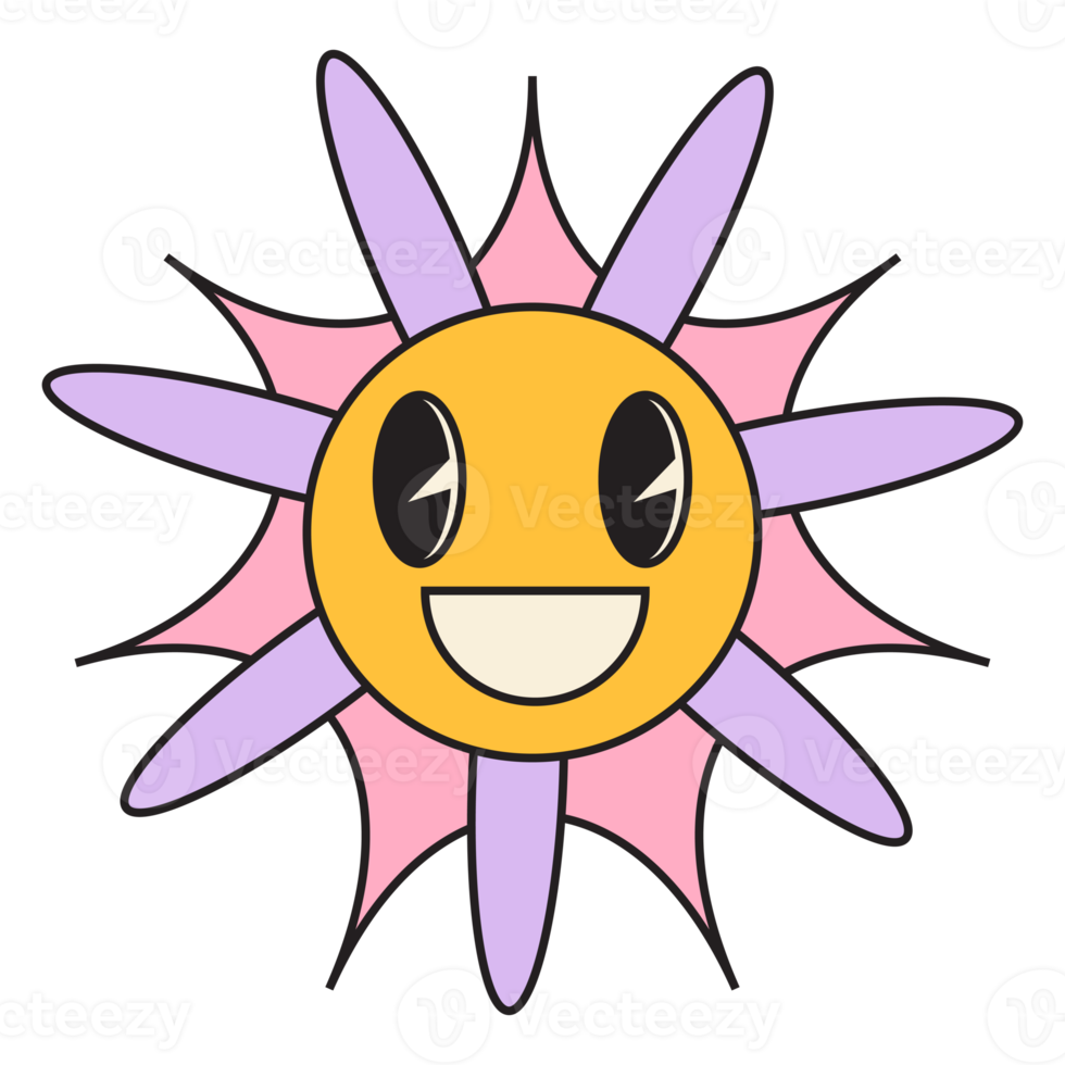 Groovy flower cartoon characters. Funny happy daisy with eyes and smile. png