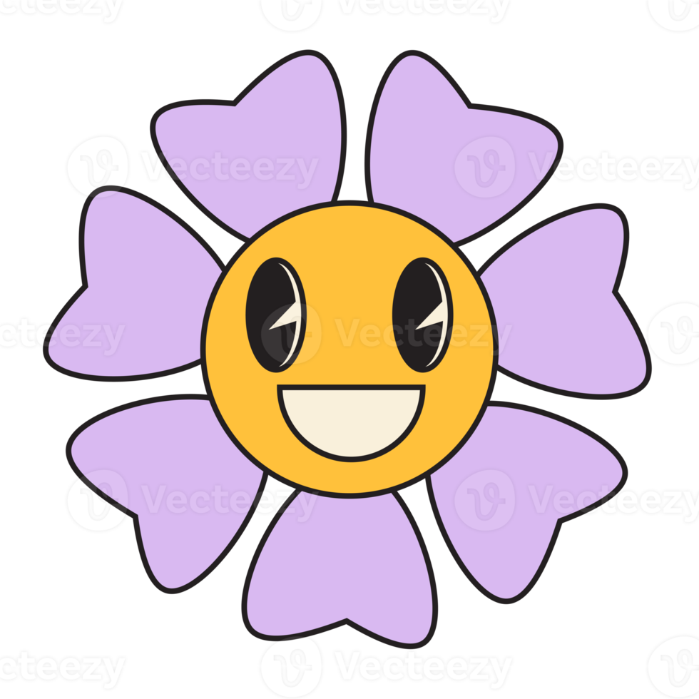 Groovy flower cartoon characters. Funny happy daisy with eyes and smile. png