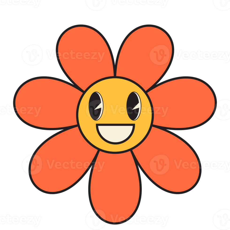 Groovy flower cartoon characters. Funny happy daisy with eyes and smile. png