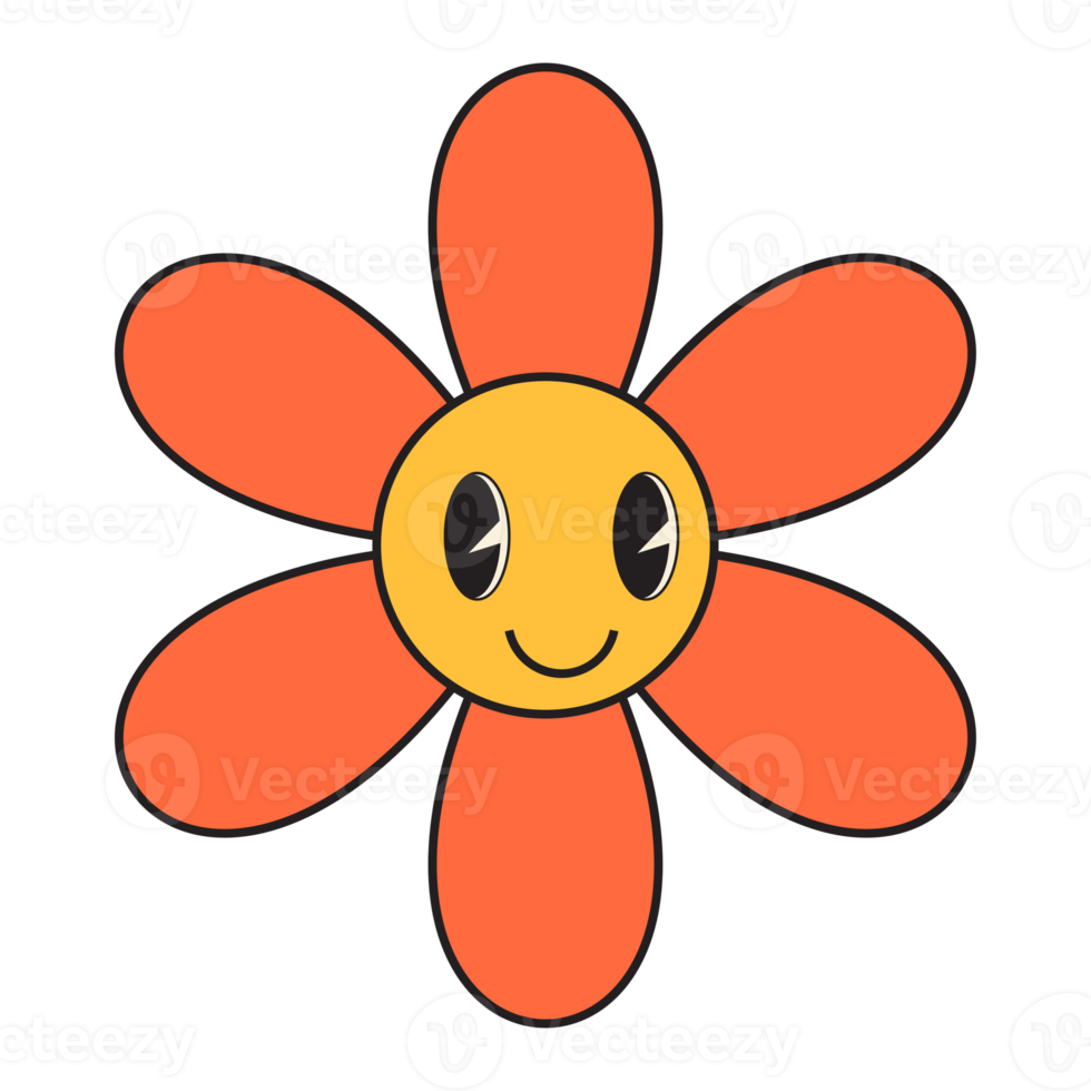 Groovy flower cartoon characters. Funny happy daisy with eyes and smile. png