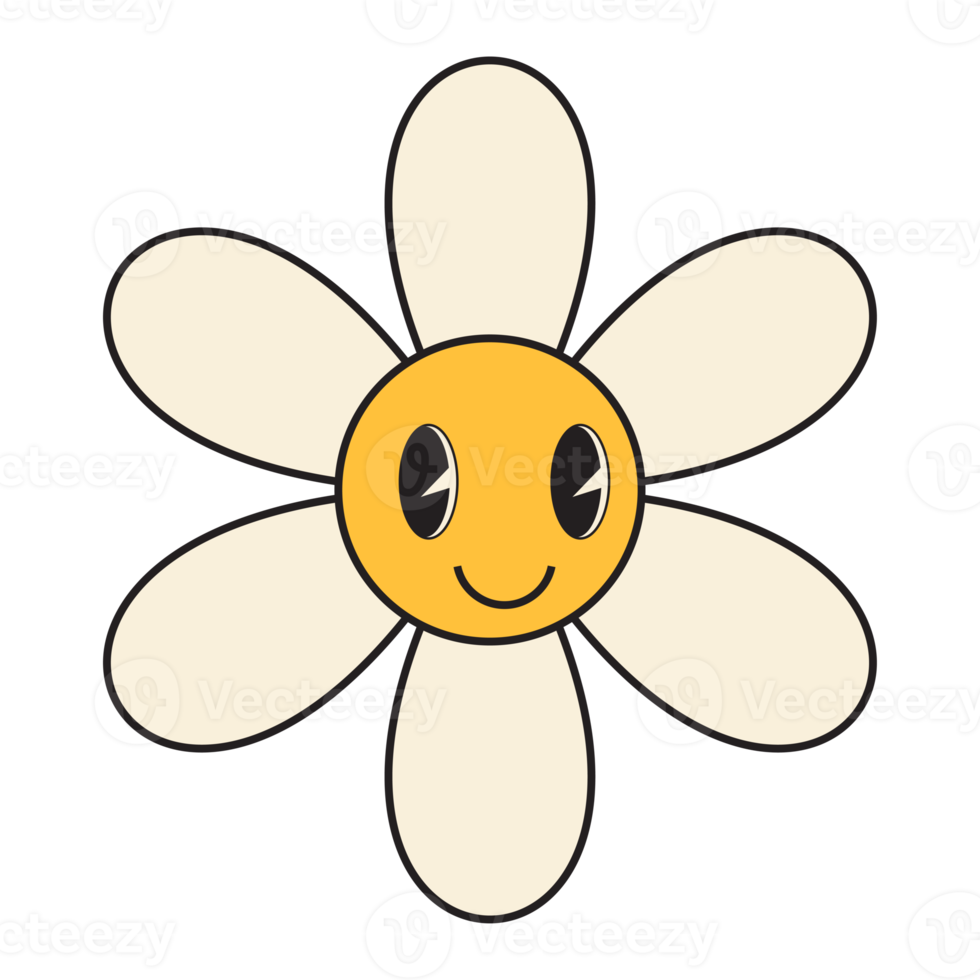 Groovy flower cartoon characters. Funny happy daisy with eyes and smile. png