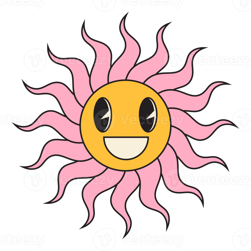 Groovy sun cartoon characters. Funny happy sun with eyes and smile. png