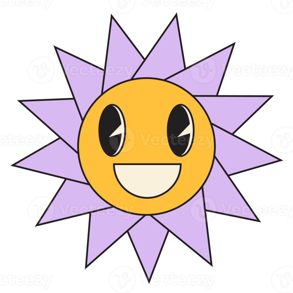 Groovy sun cartoon characters. Funny happy sun with eyes and smile. png