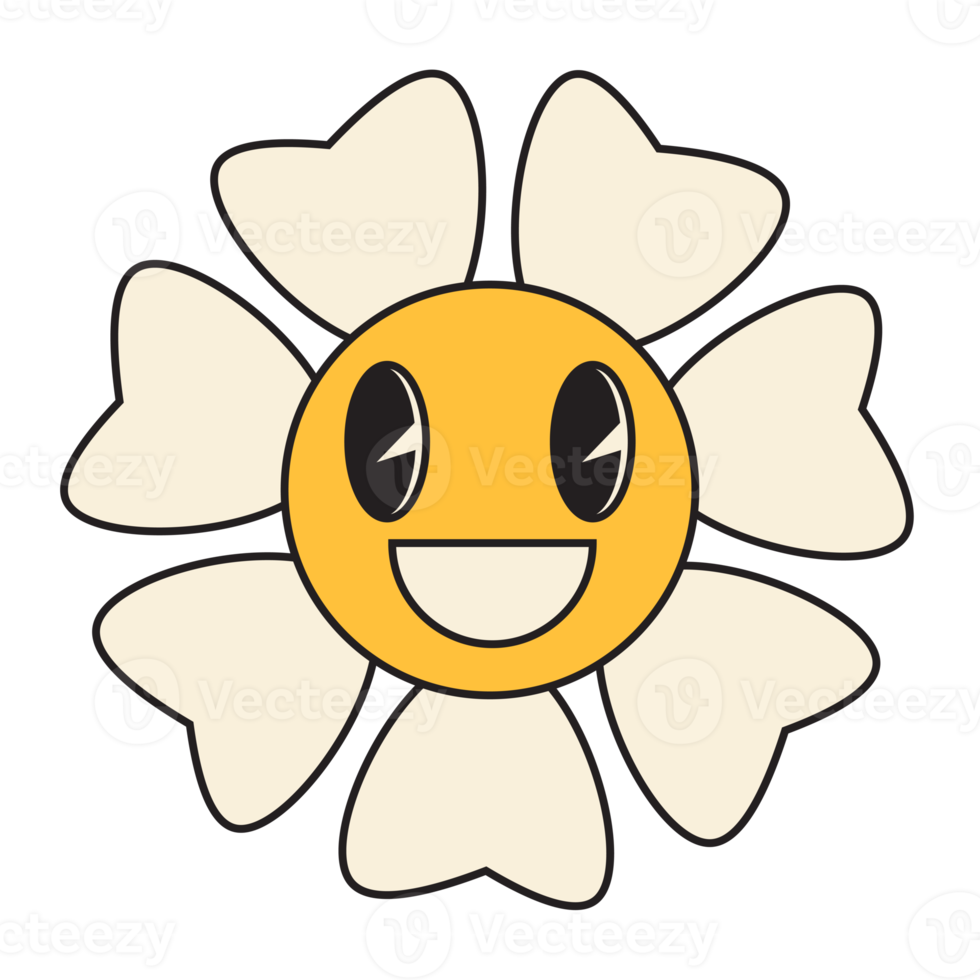 Groovy flower cartoon characters. Funny happy daisy with eyes and smile. png