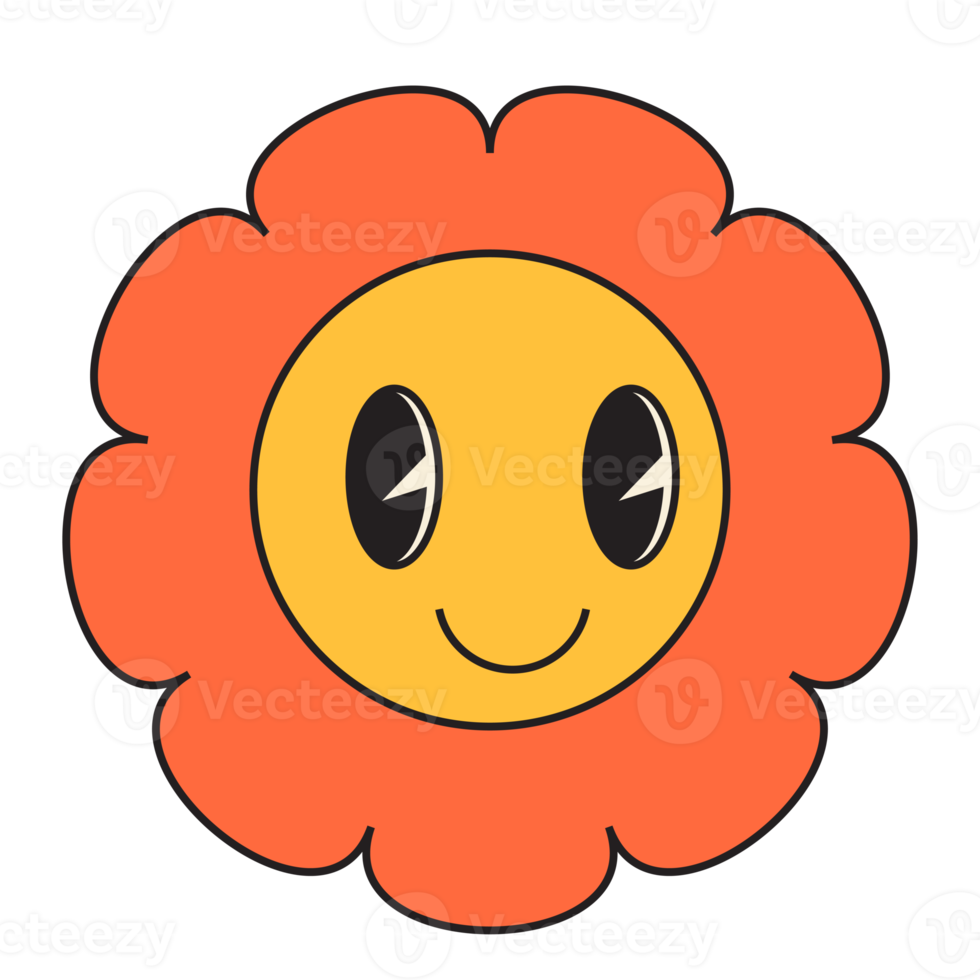 Groovy flower cartoon characters. Funny happy daisy with eyes and smile. png