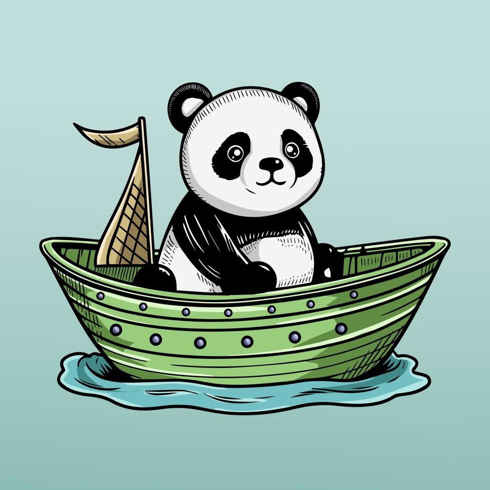 Cute Panda Driving Small Boat Ship Illustration Vector Artwork