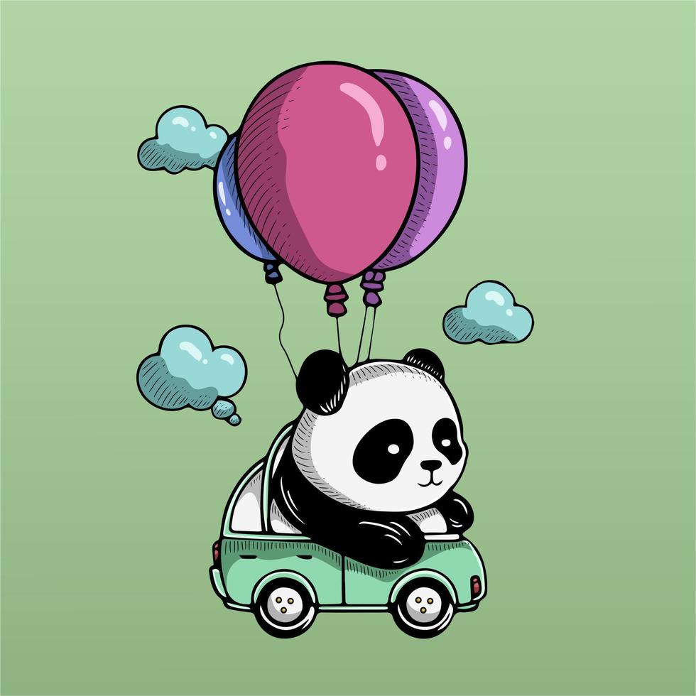 Cute Panda Riding Air Balloon Illustration Vector Artwork