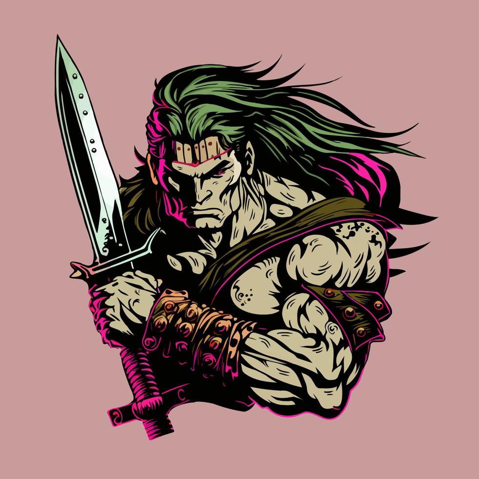 Warrior With Long Hair And Sword Illustration Vector Artwork